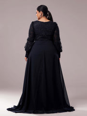 Plus Black Square Neck Lace A-line Prom Dress