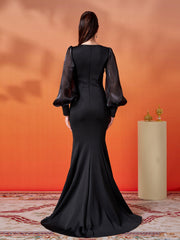 Black Embroidery Floor Length Puff Sleeve Dress