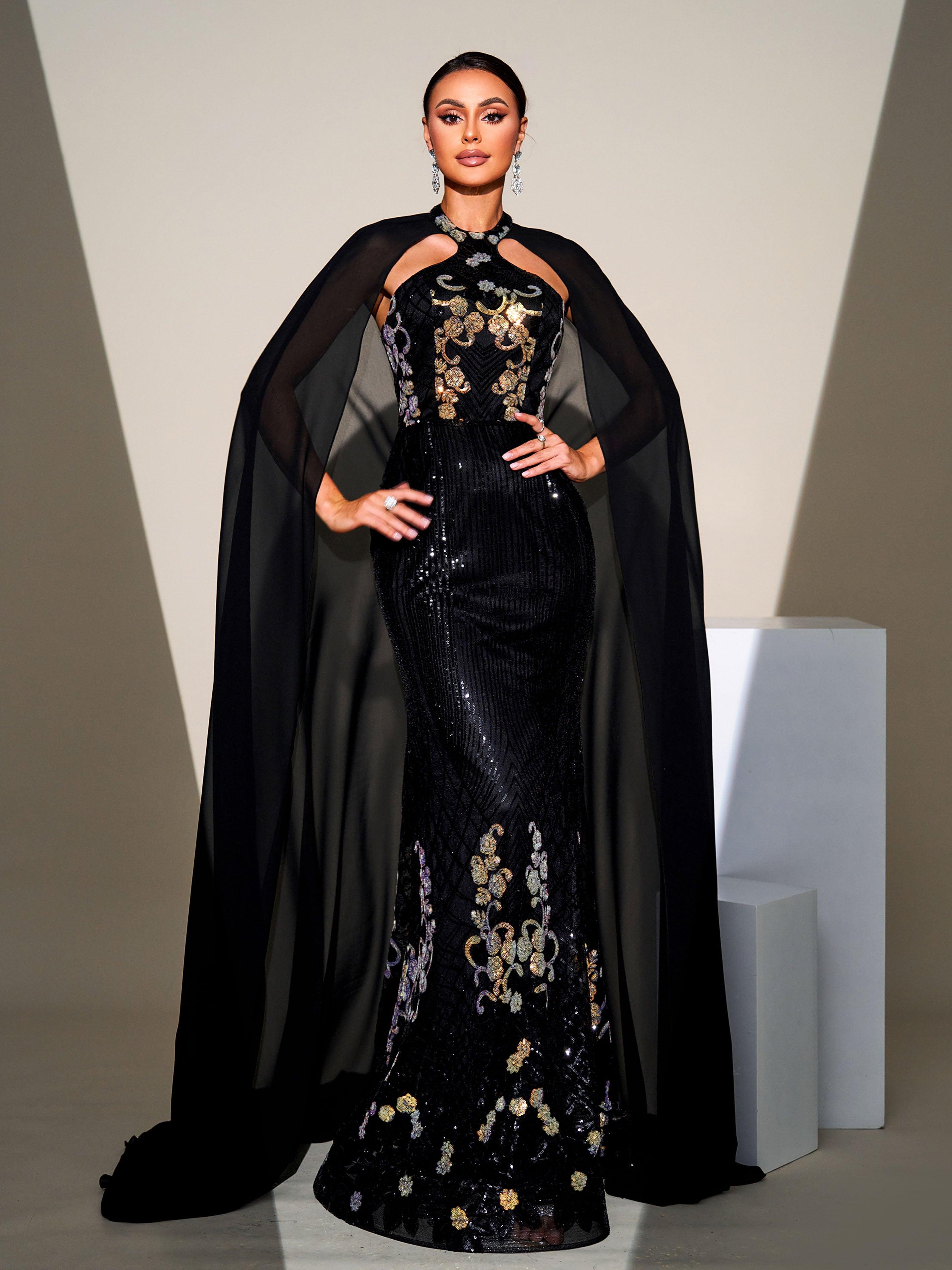 Cape Sleeve Mermaid Sequin Formal Dress