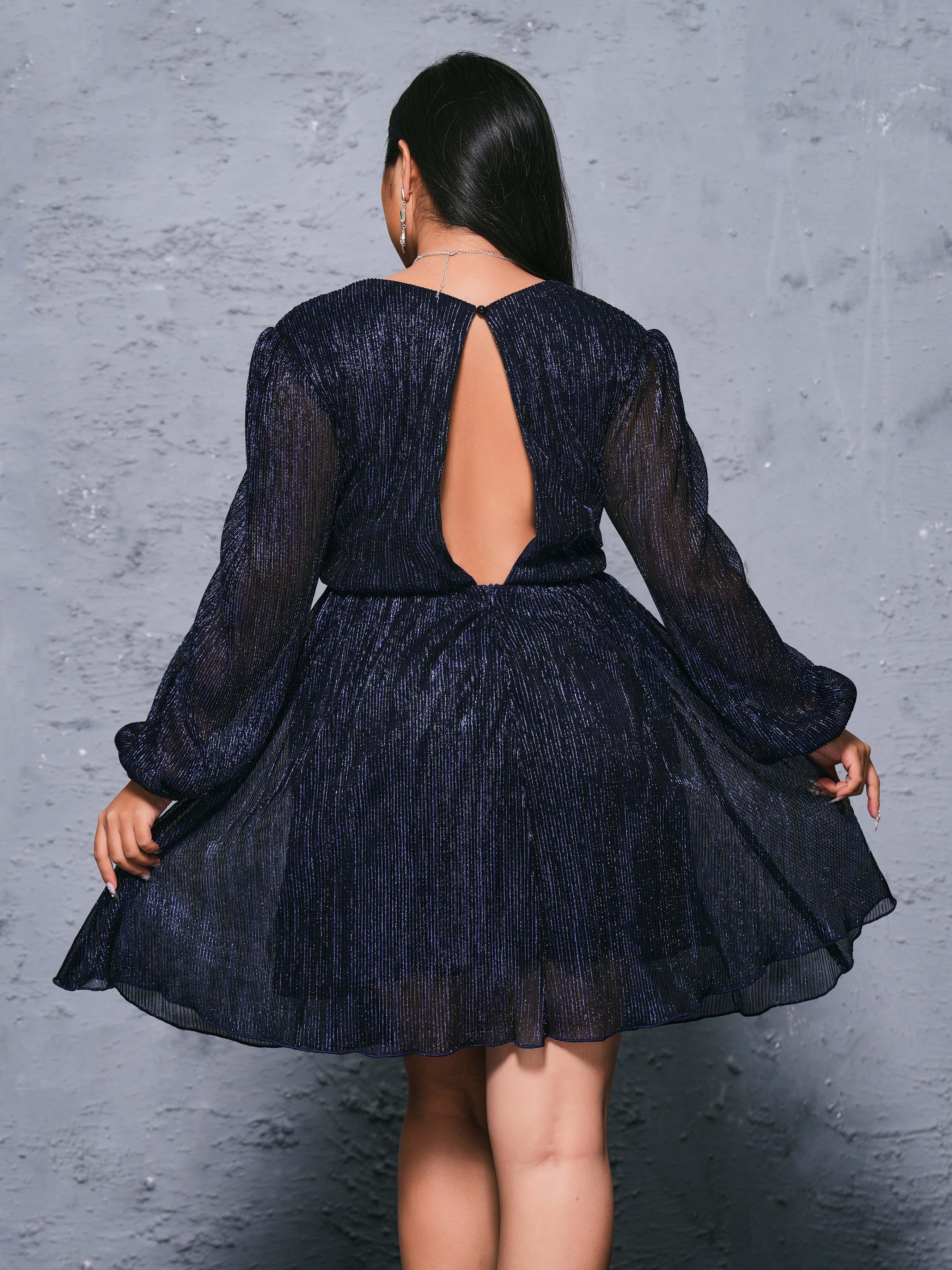 Plus Cutout V-neck Pleated Mini Dress