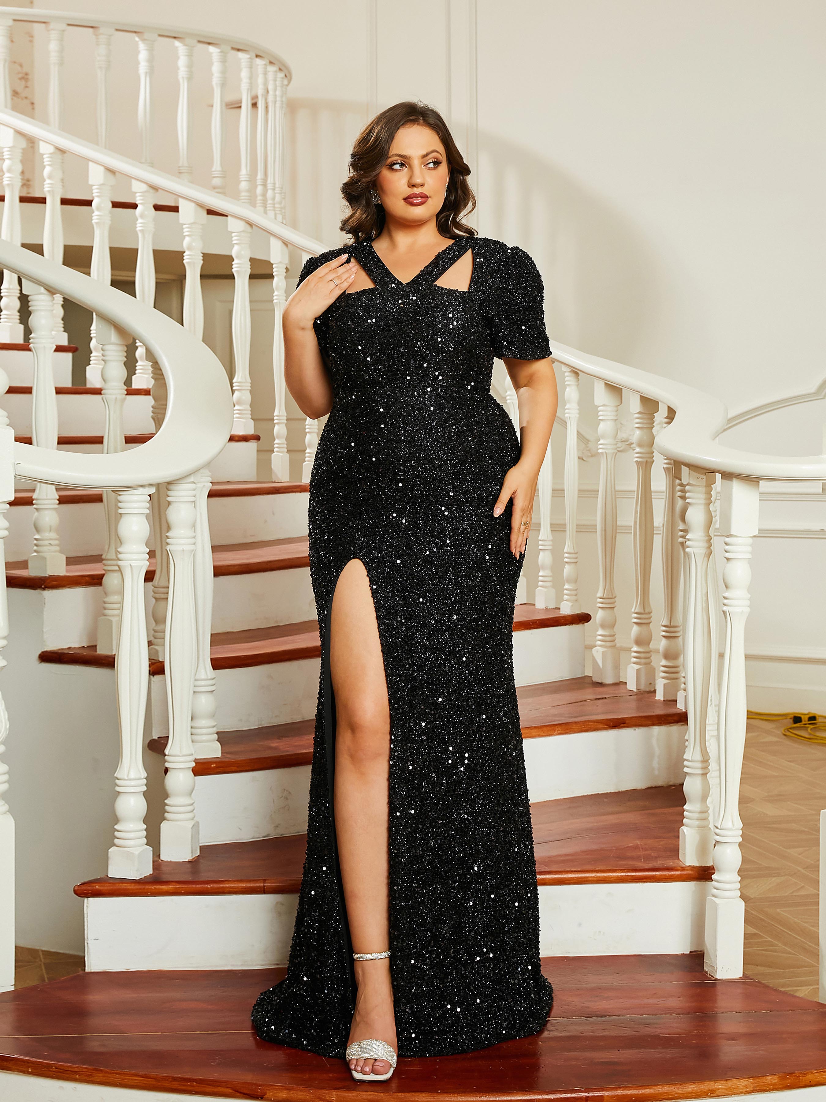 Plus Size Cutout Sequin Short Sleeve Prom Dress