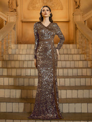 Gold Sequin Long Sleeve Prom Dress