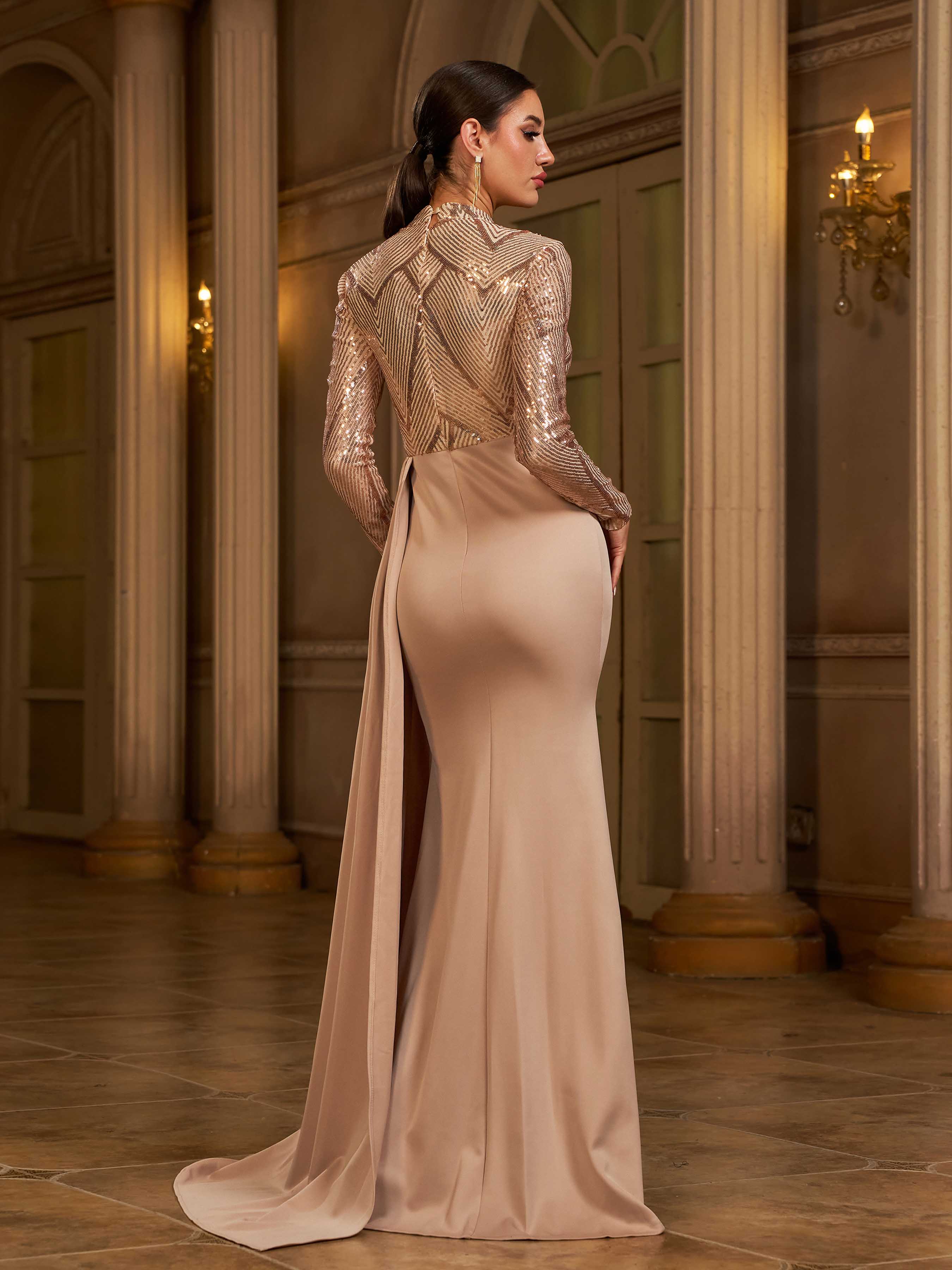 Draping Long Sleeve Sequin Formal Dress