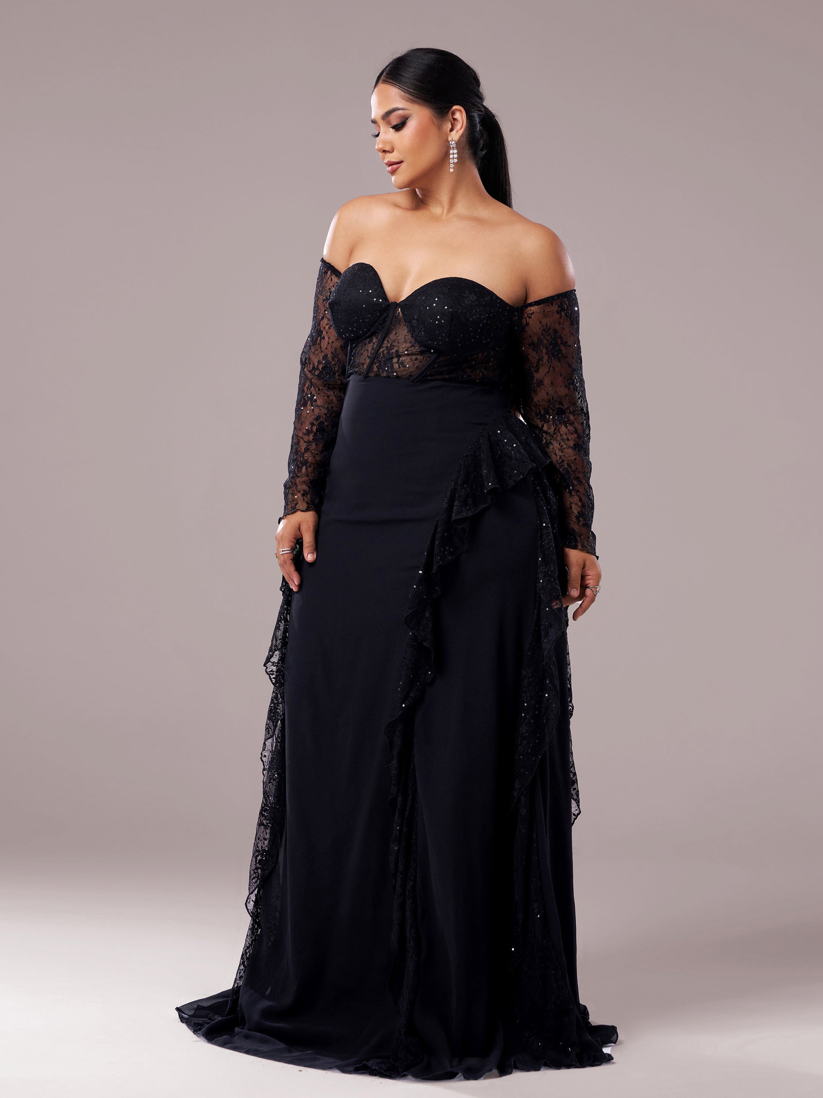 Plus Off Shoulder Corset Lace Panel Prom Dress