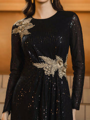 Black Leaf Sequin Long Sleeve Prom Dress