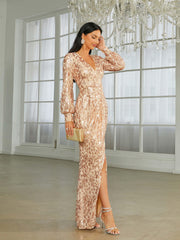 V-neck Split Sequin Wedding Guest Dress