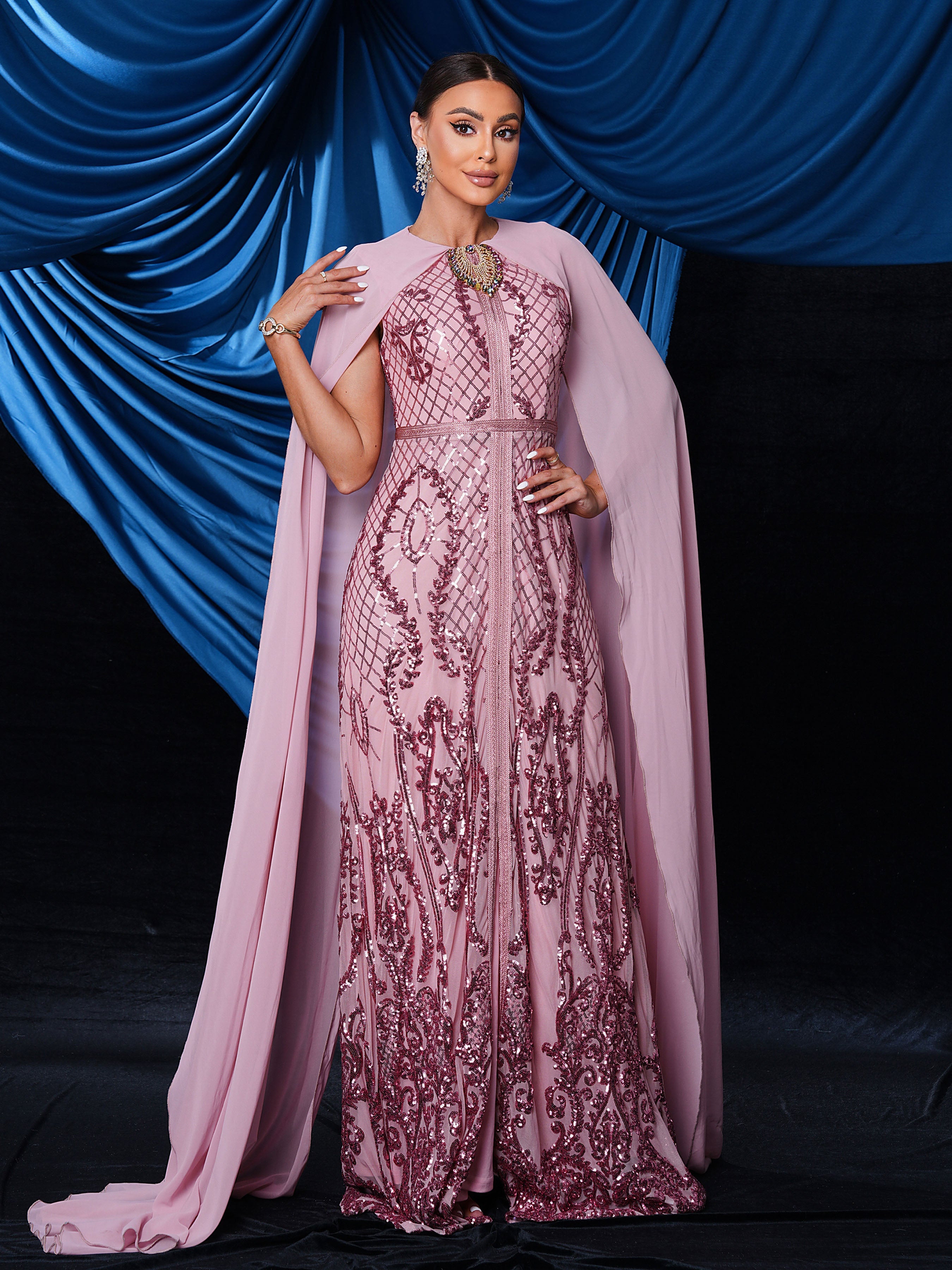 Metallic Embellished Collar Cape Sleeve Dress