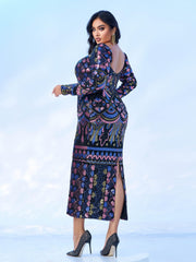 Plus Square Neck Sequin Split Midi Dress