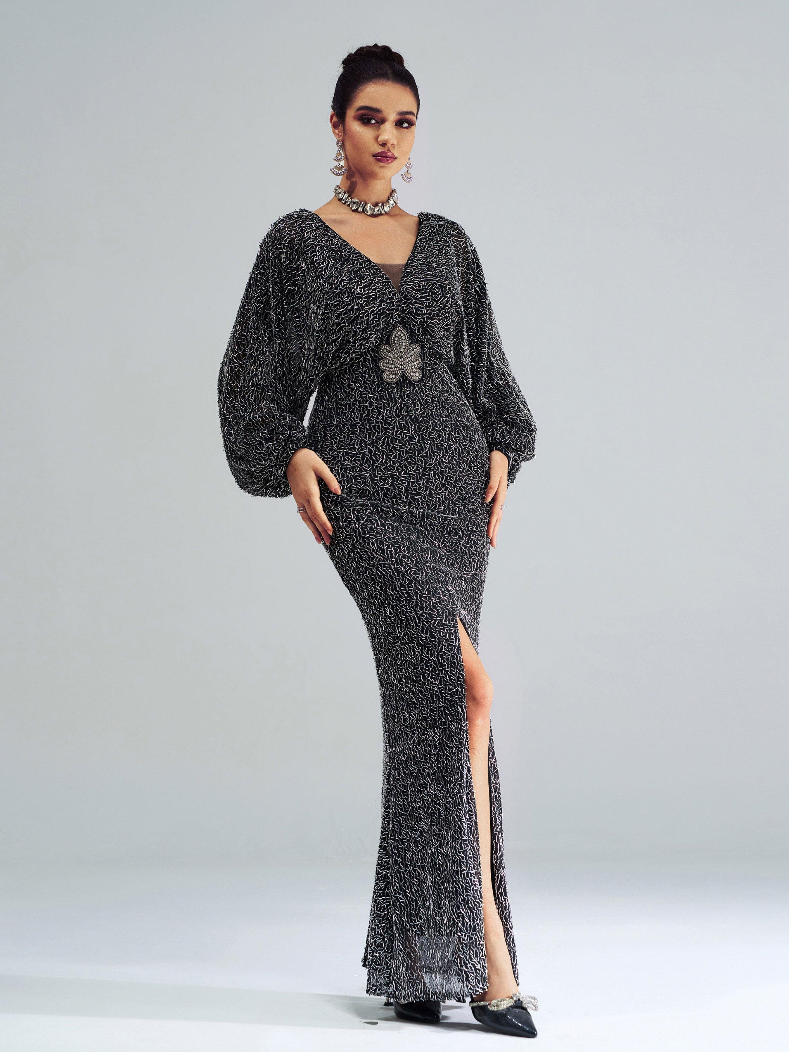 V-Neck Backless Split Sequin Maxi Dress