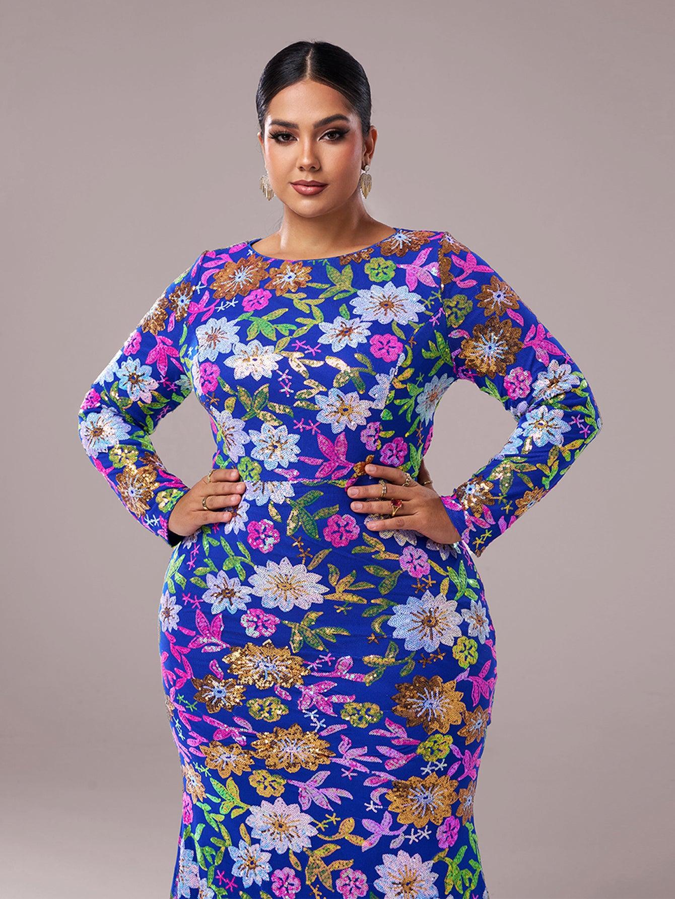Plus Crew Neck Floral Sequin Dress