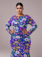 Plus Crew Neck Floral Sequin Dress