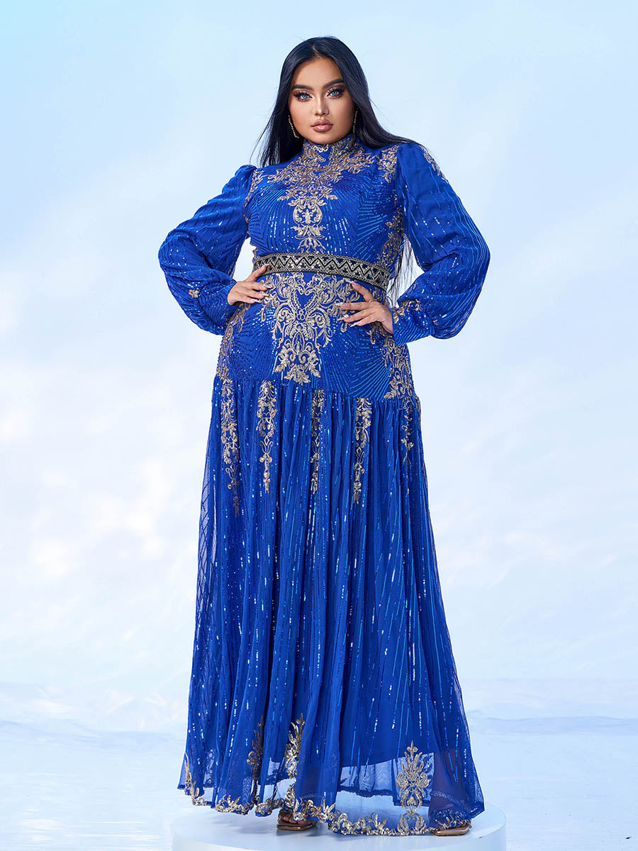 Plus Stand Collar Sequin A-line Dress
