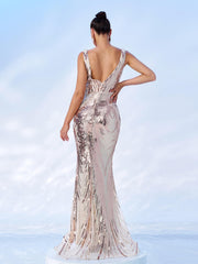 V-neck Sleeveless Mermaid Sequin Formal Dress