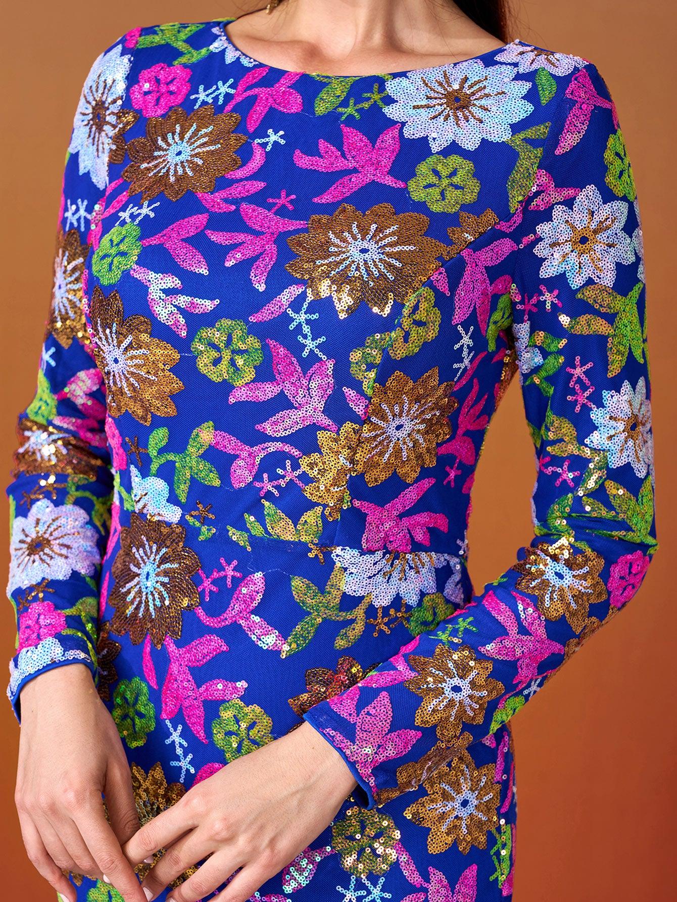 Crew Neck Floral Sequin Dress