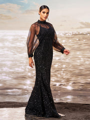 Black Long Sleeve Mesh Sequin Floor Length Dress