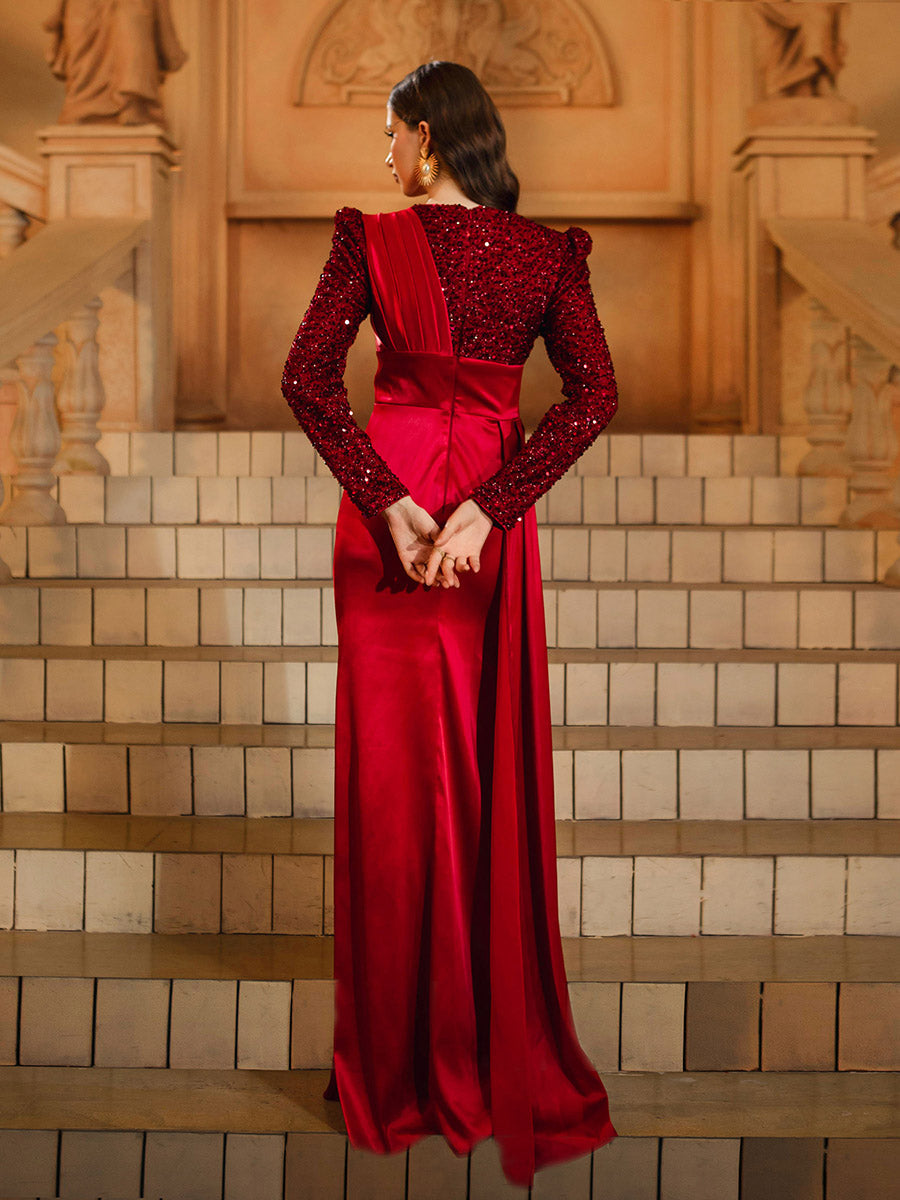 Red Panel Split Ruched Long Sleeve Prom Dress