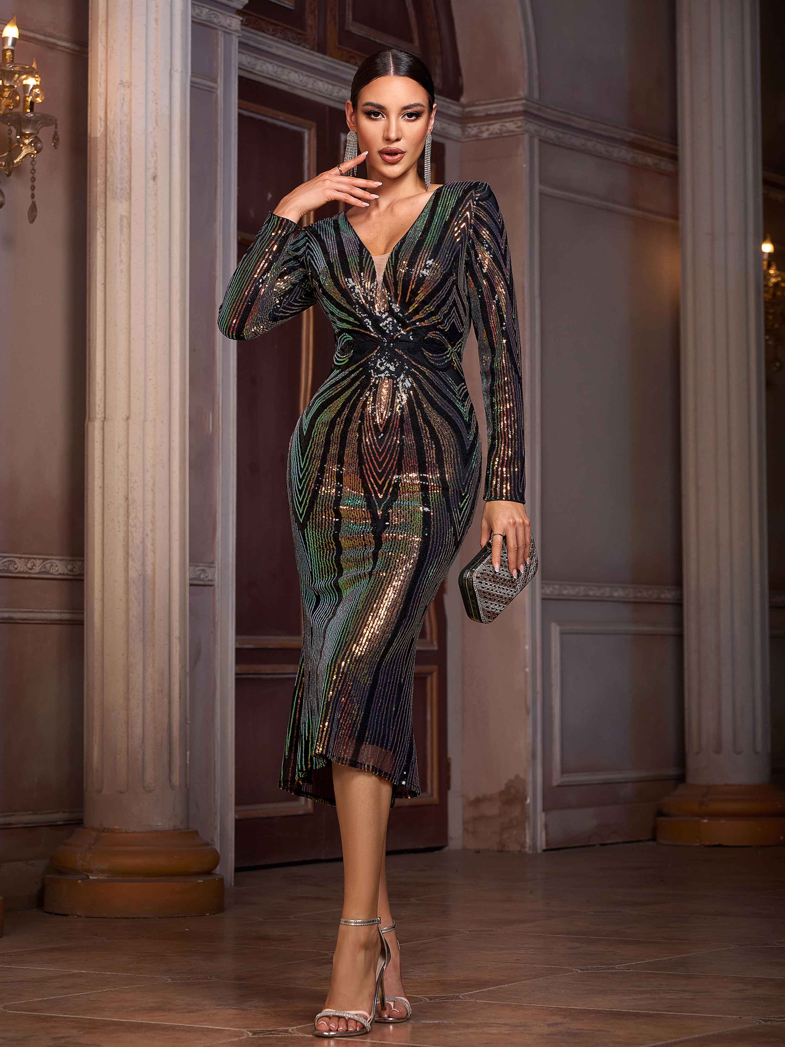 Plunging V-Neck Long Sleeve Sequin Bodycon Midi Dress
