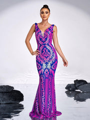 V Neck Sleeveless Tribal Sequin Black Dress