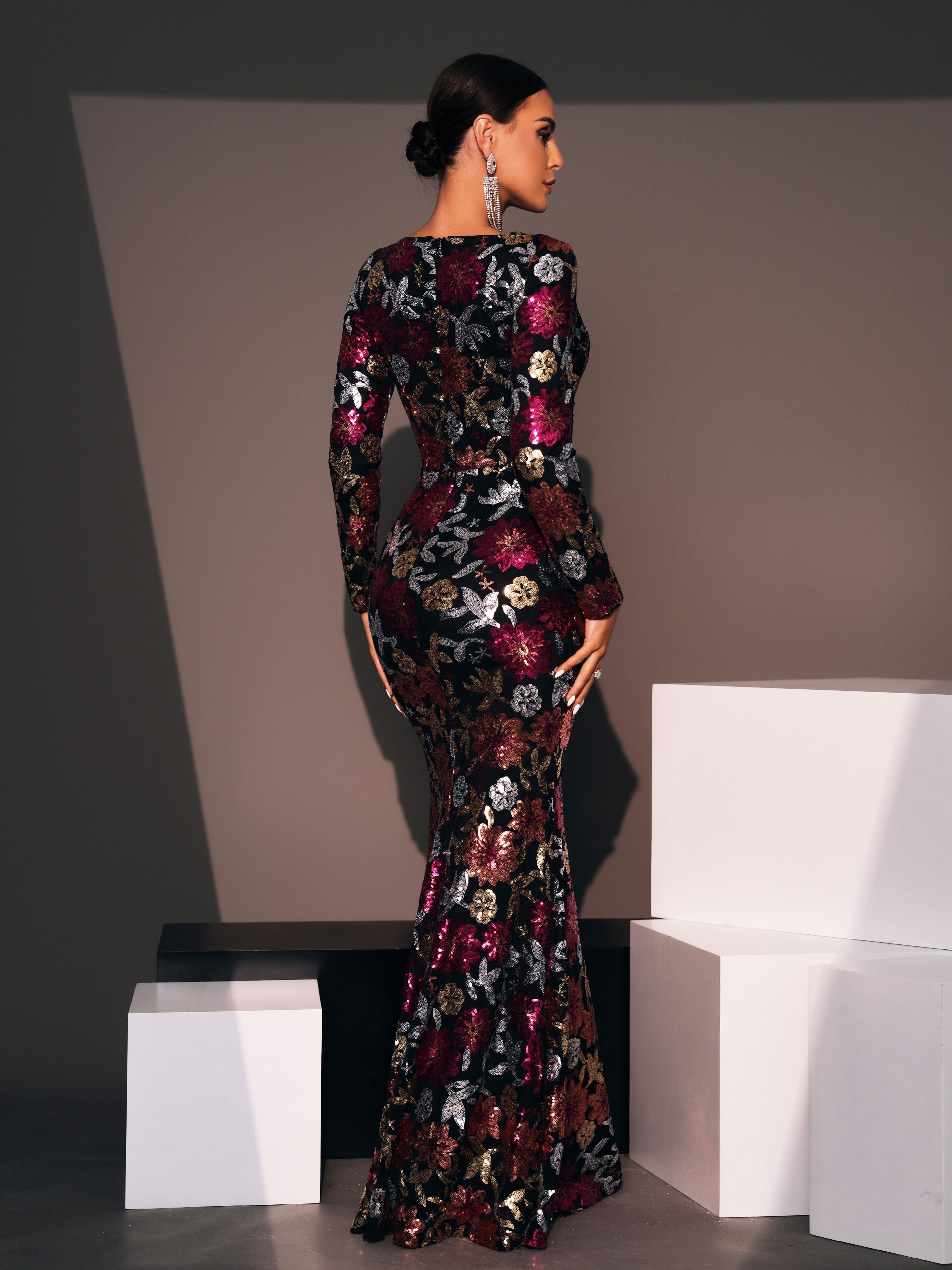 Crew Neck Floral Sequin Dress