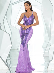 Formal Lace Up Purple Sequin Mermaid Dress