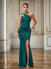 One Shoulder Feather Cutout Formal Dress