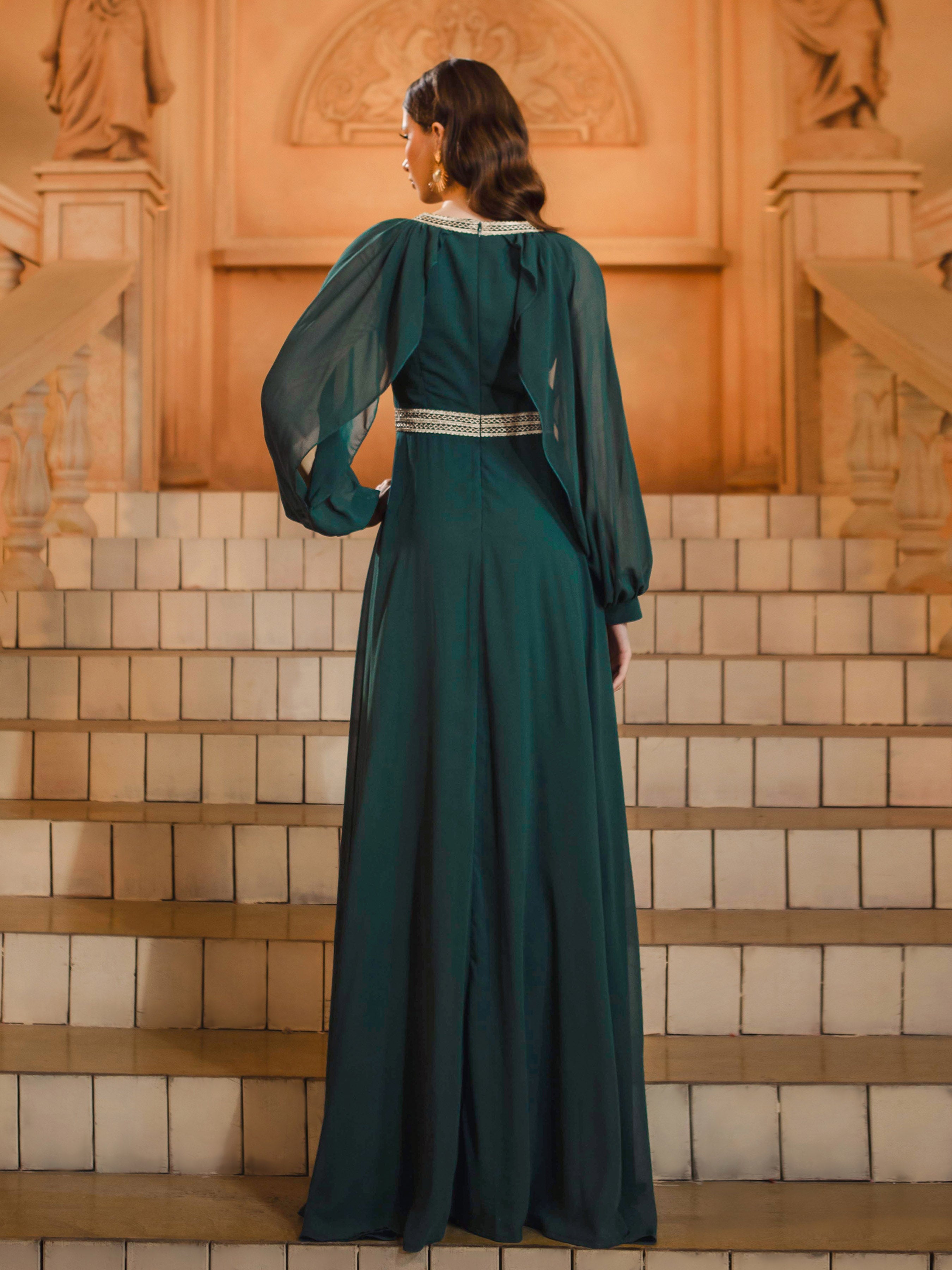 Green Long Sleeve A-line Muslim Dress
