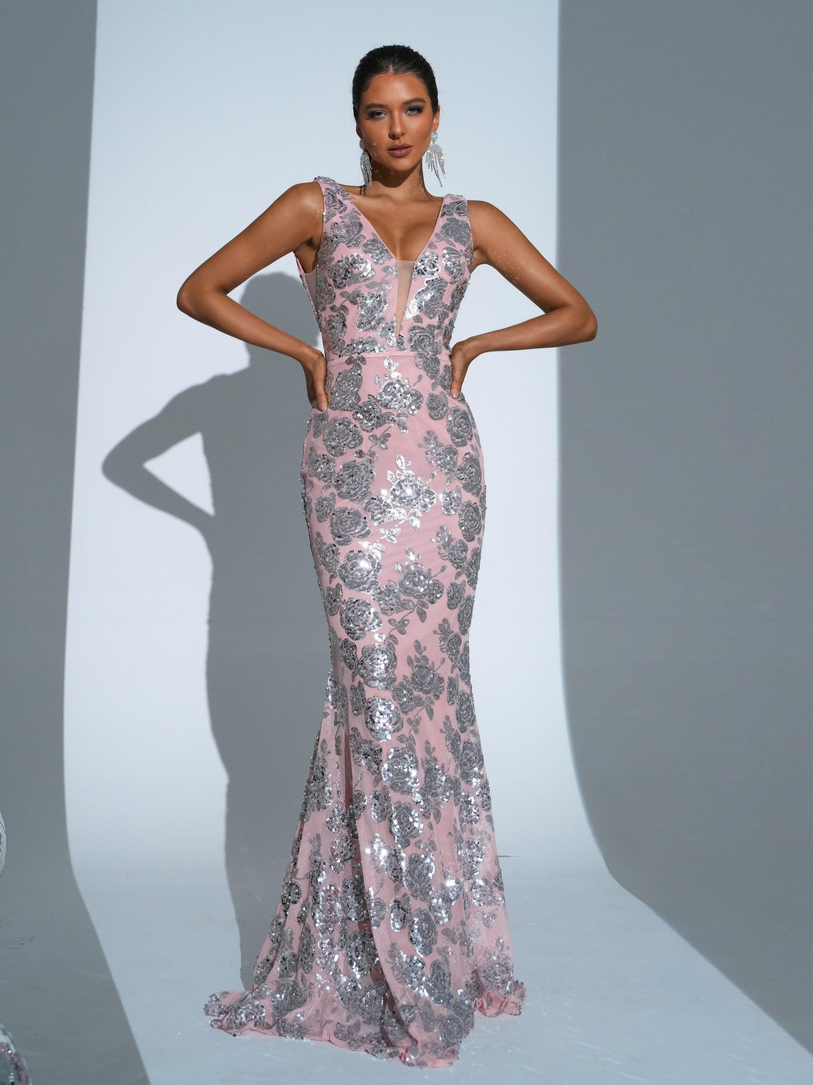 V-neck Floral Sequin Mermaid Dress