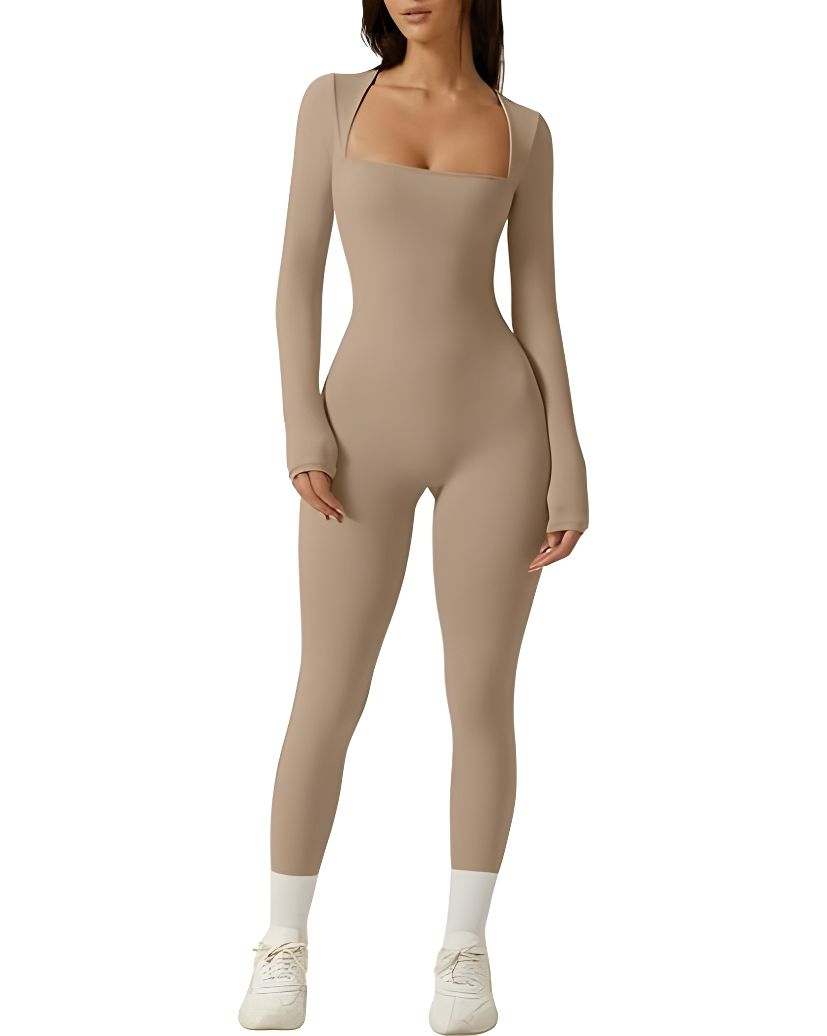 Seamless Square Neck Long Sleeve Bodycon Jumpsuit