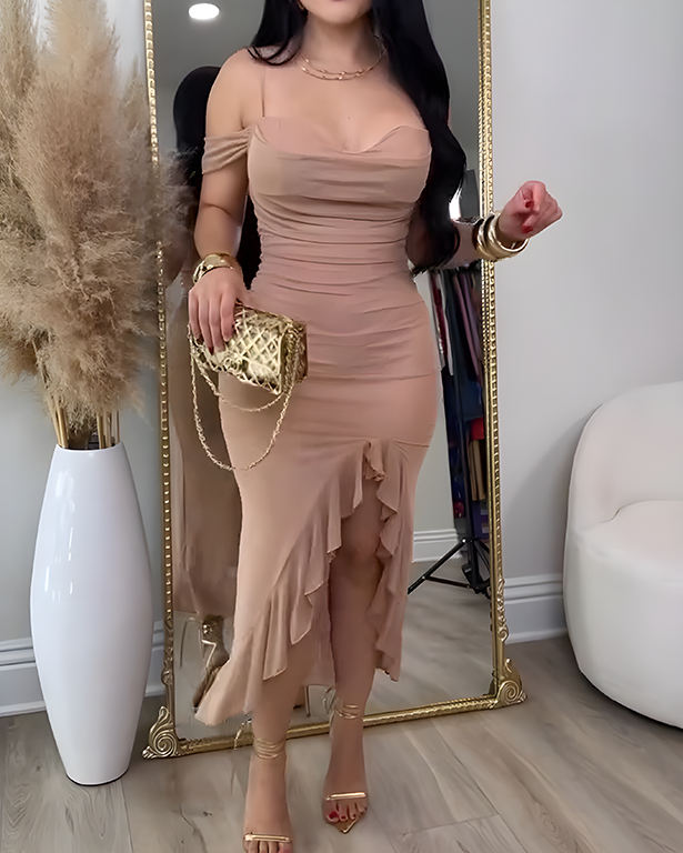 Off-the-Shoulder Mesh Ruffled Slit Slim Dress