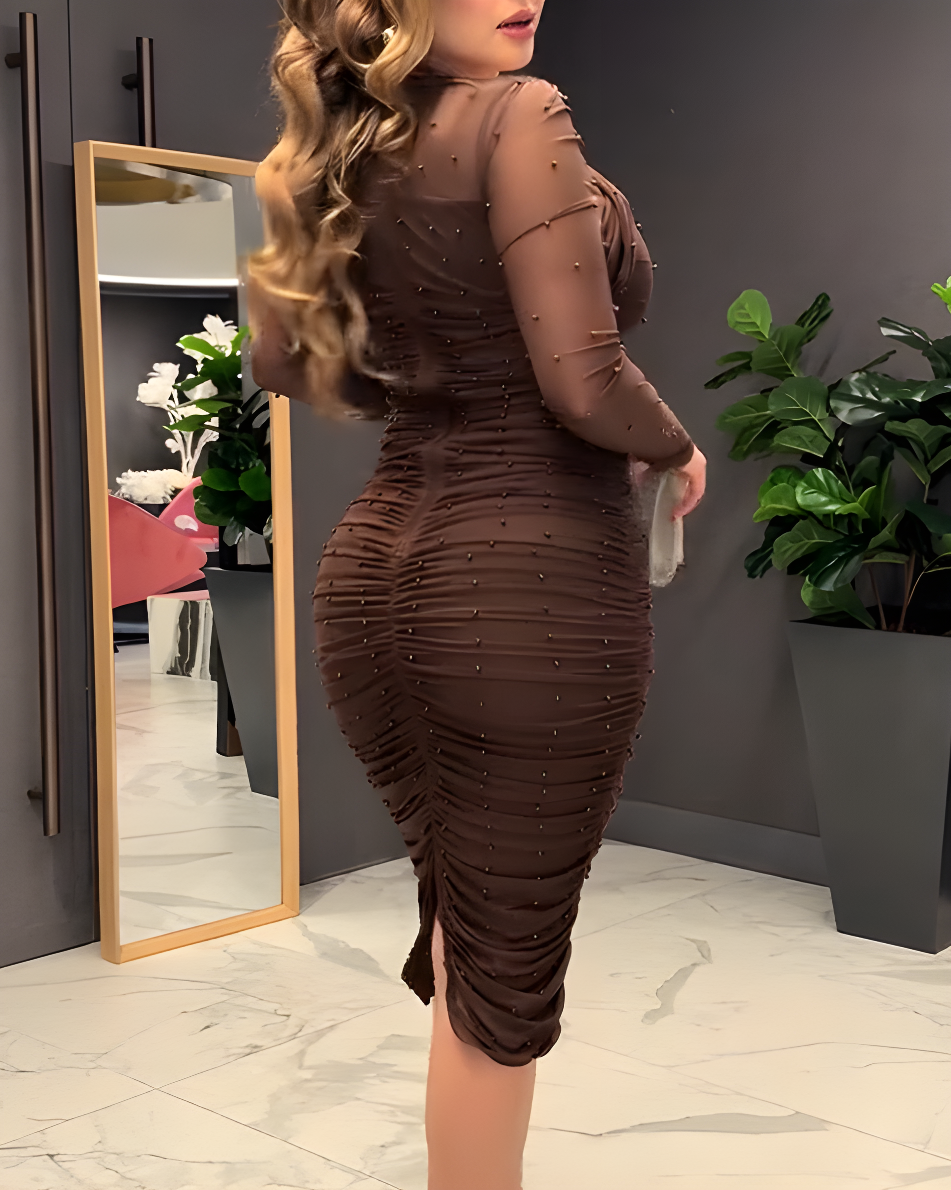 Mesh Long Sleeve Beaded Bodycon Midi Dress