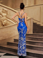 Blue Floral Sequin Split Cocktail Dress