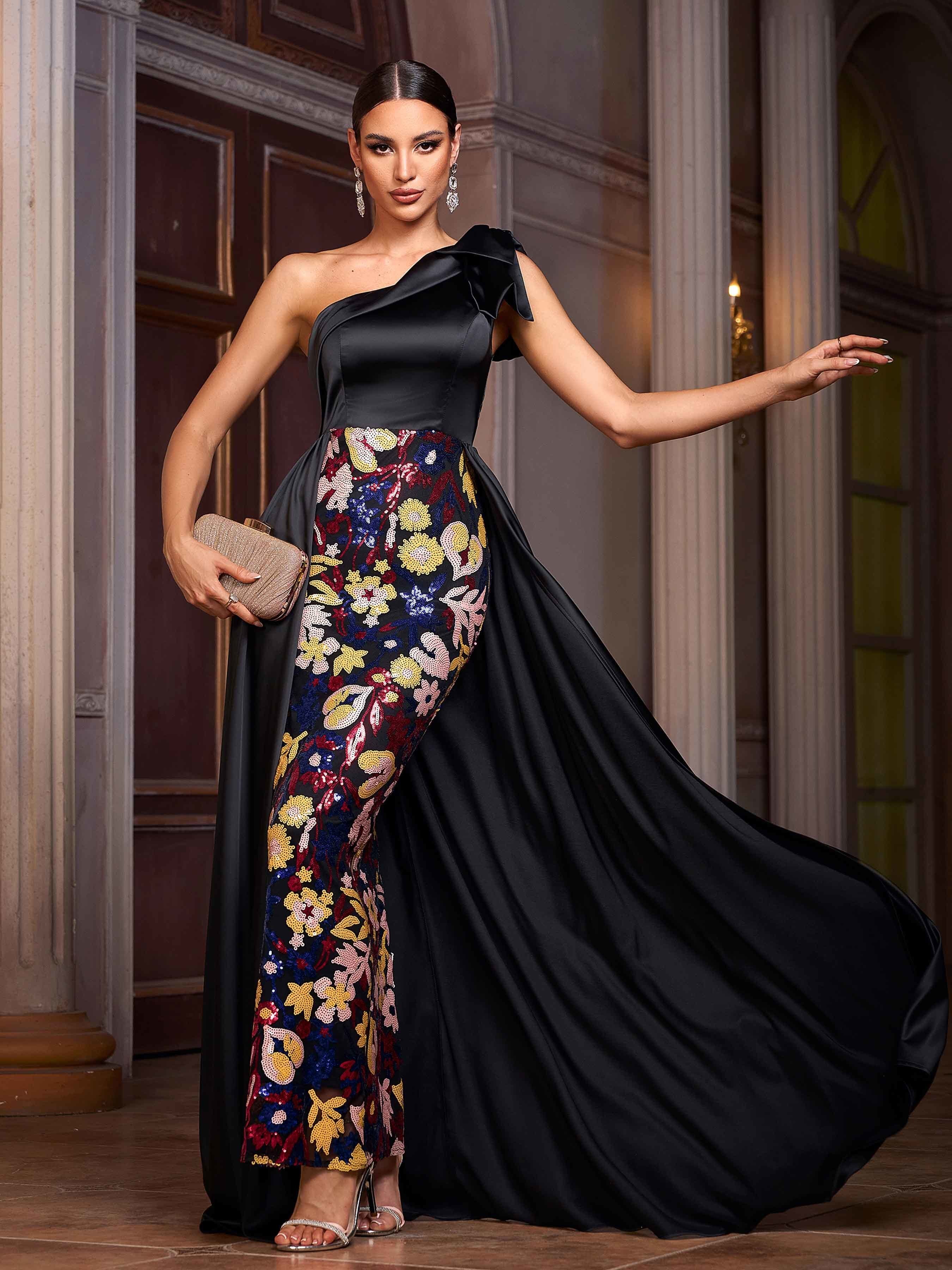 Black Sequin Floral Cape Prom Dress
