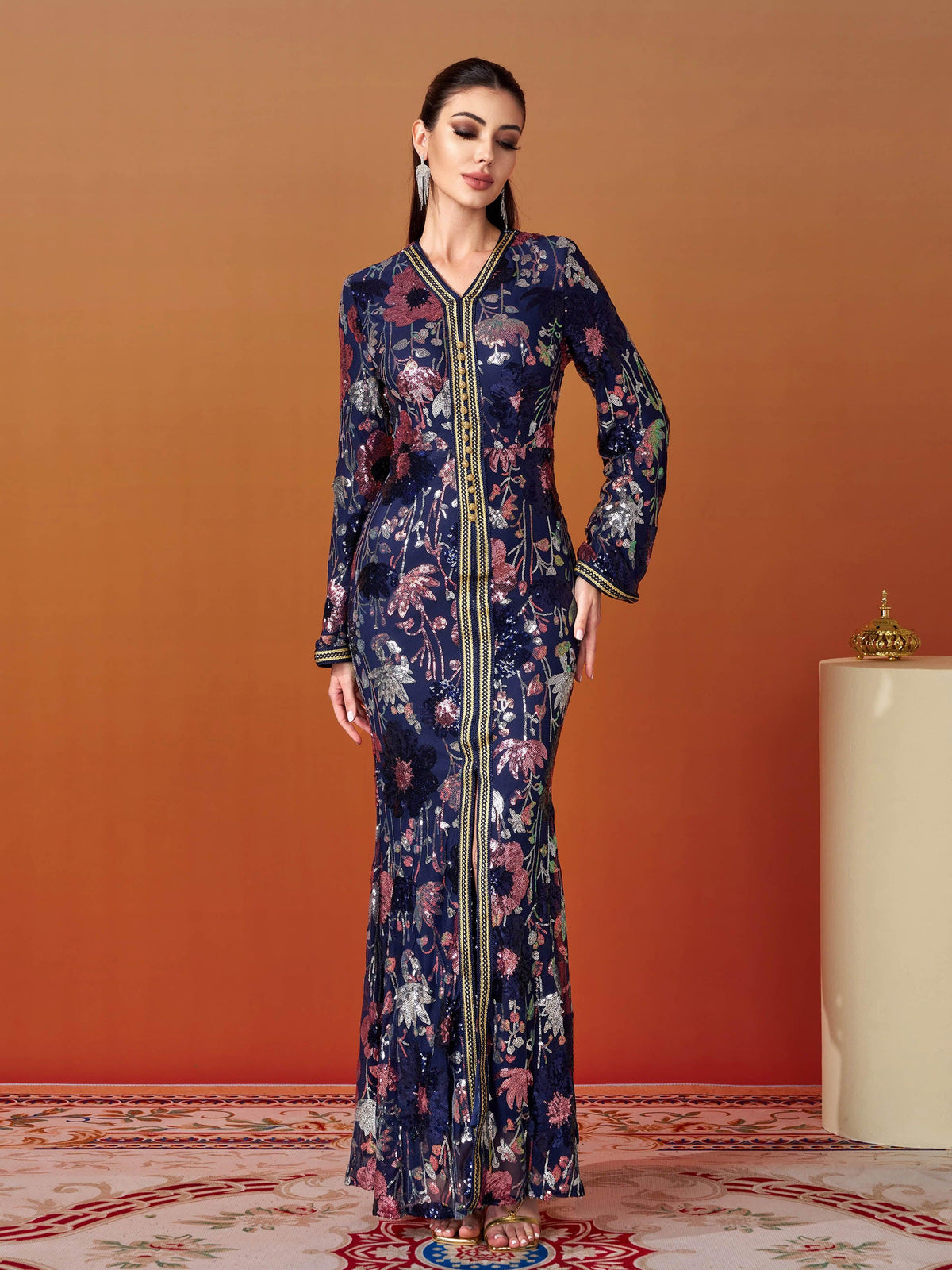 V-neck Floral Sequin Split Formal Dress
