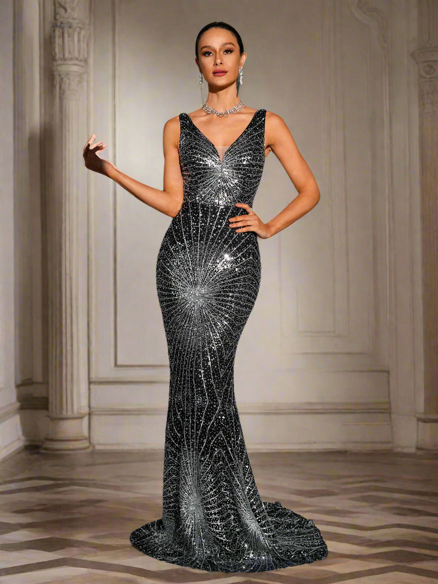 V-neck Mermaid Sequin Evening Dress