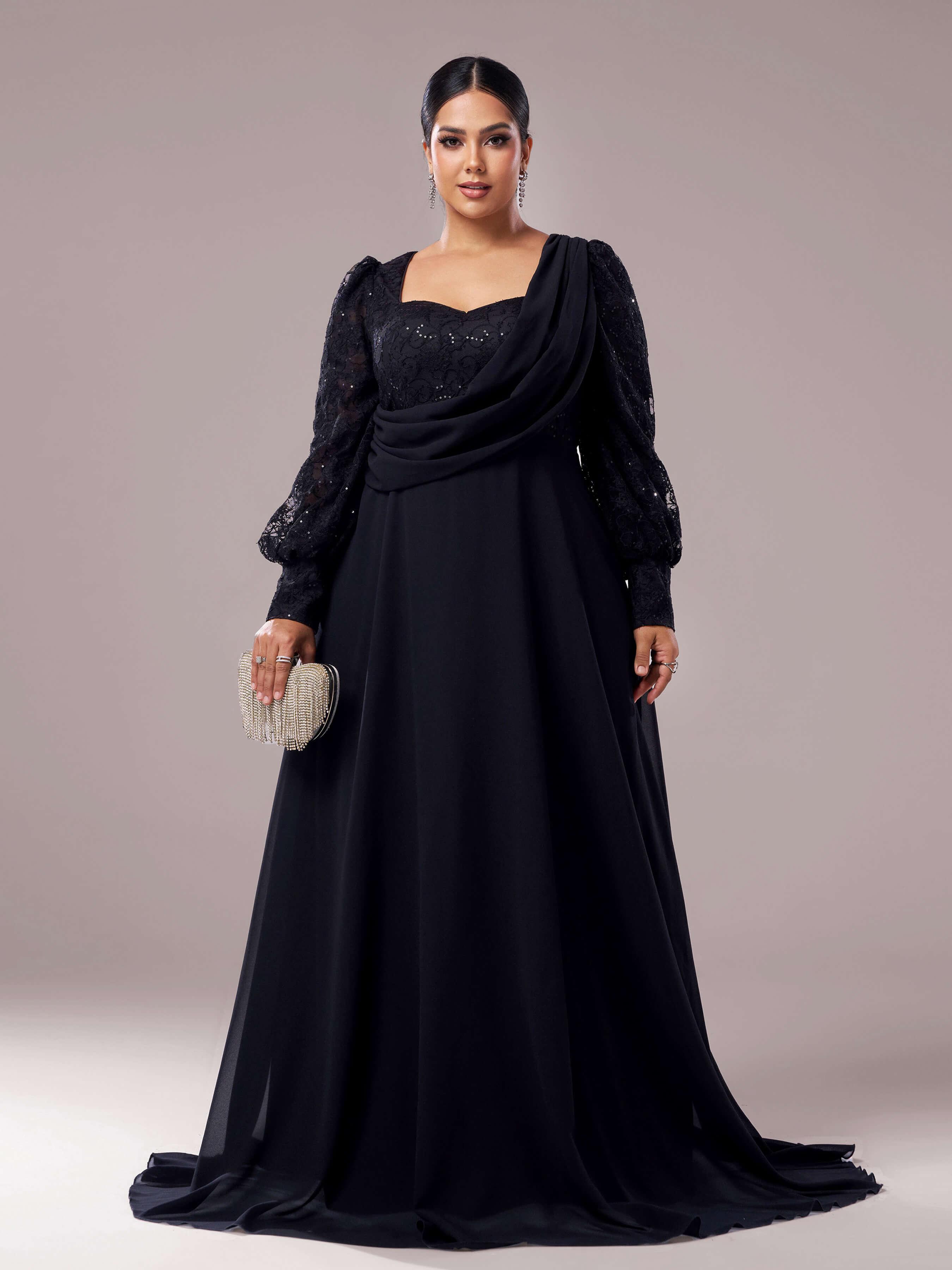 Plus Black Square Neck Lace A-line Prom Dress