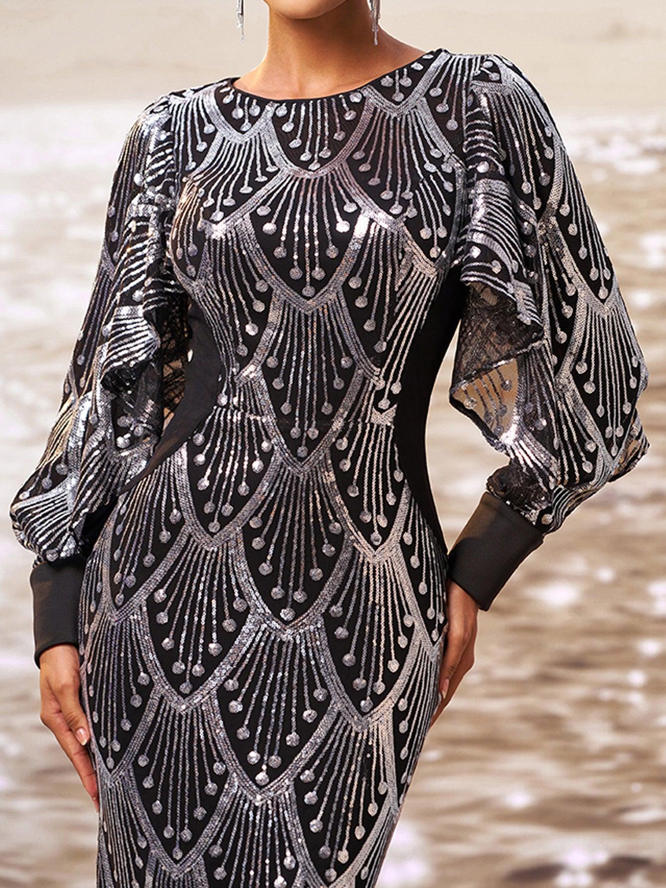 Classic Black Sequin Ballon Sleeve Prom Dress