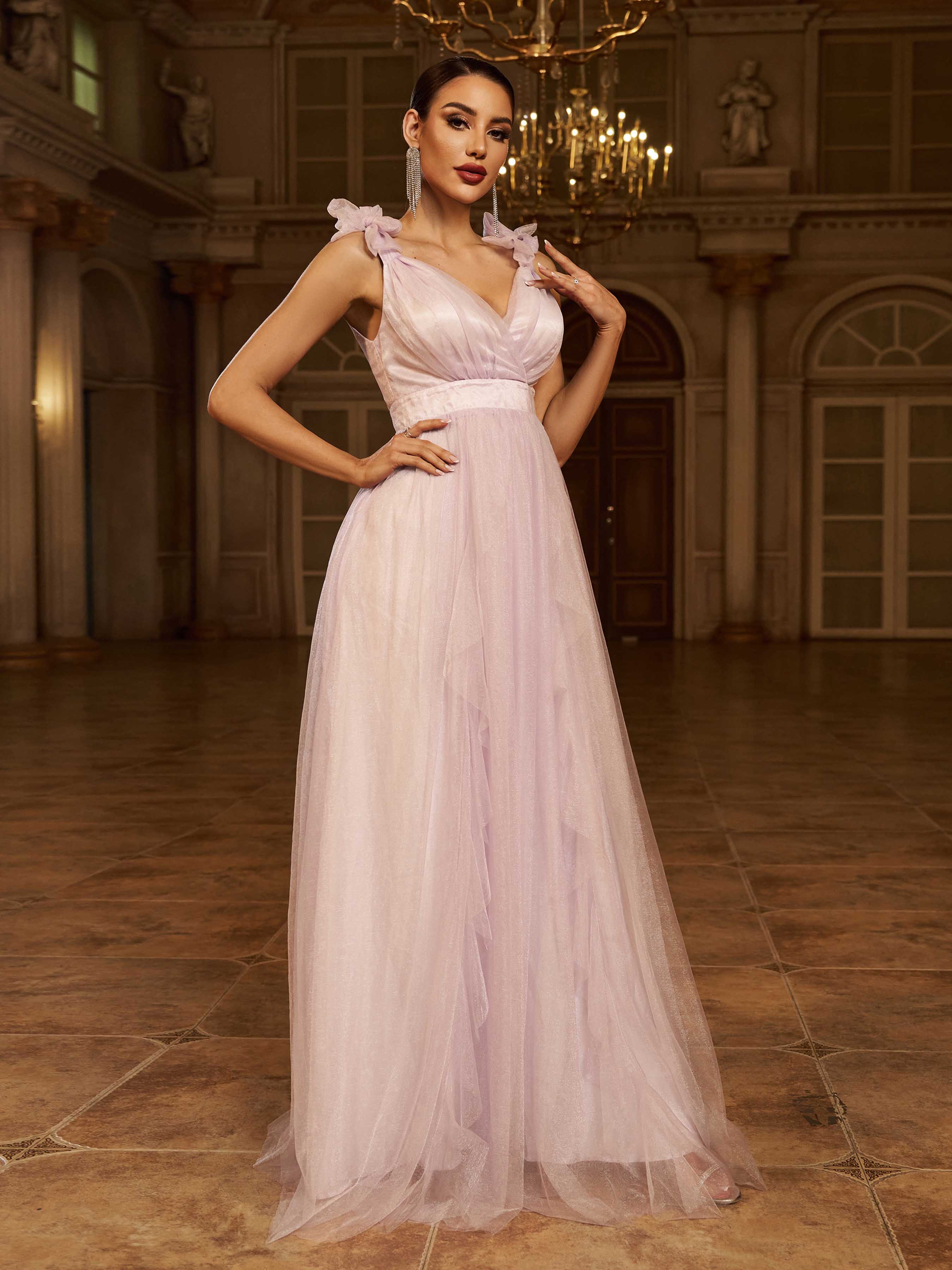 Elegant Pink Tulle Bow Shoulder Plunging V-Neck A-Line Evening Gown