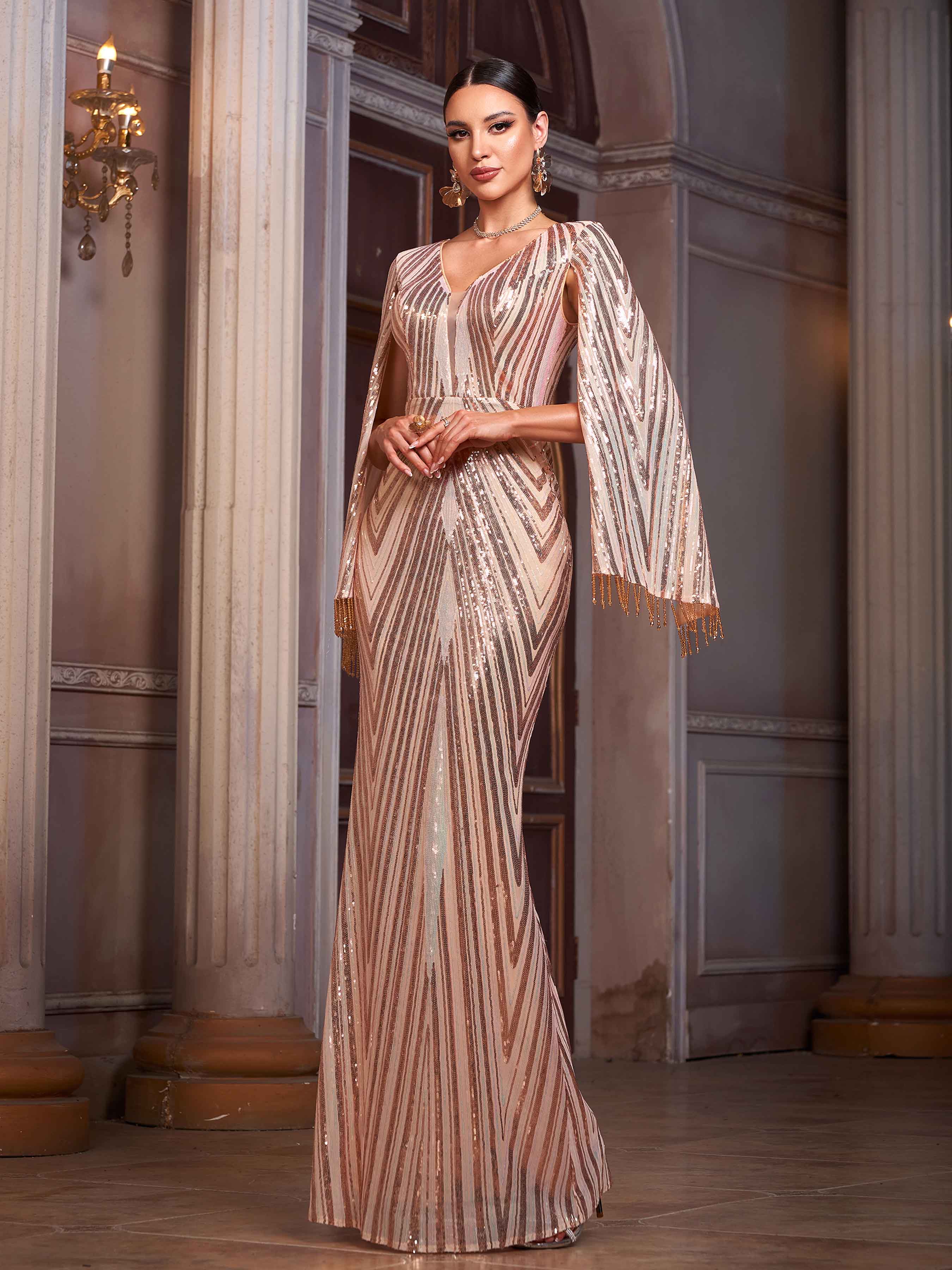 Champagne Sequin Maxi Evening Dress with Cape Sleeves and Beaded Tassel Trim