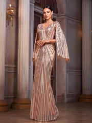 Champagne Sequin Maxi Evening Dress with Cape Sleeves and Beaded Tassel Trim