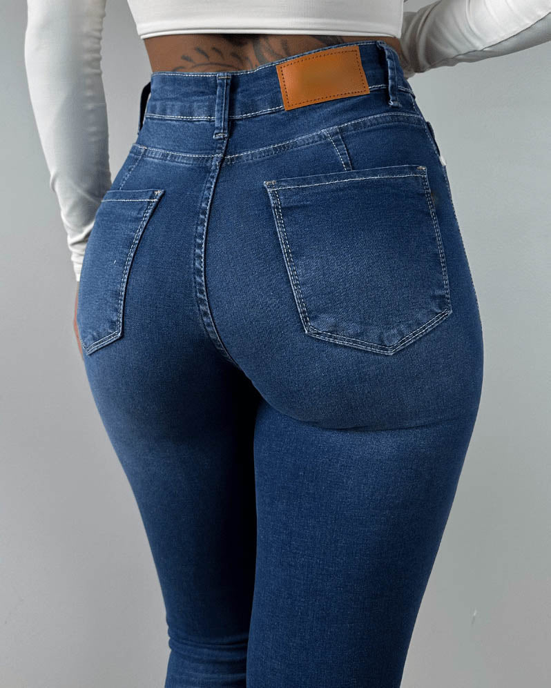 High Waist Calca Jeans Brun