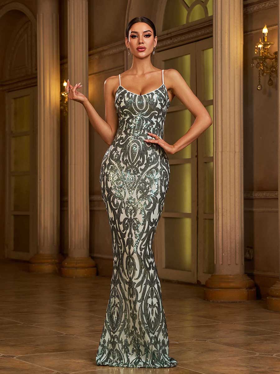 Spaghetti V-neck Sequin Mermaid Cocktail Dress
