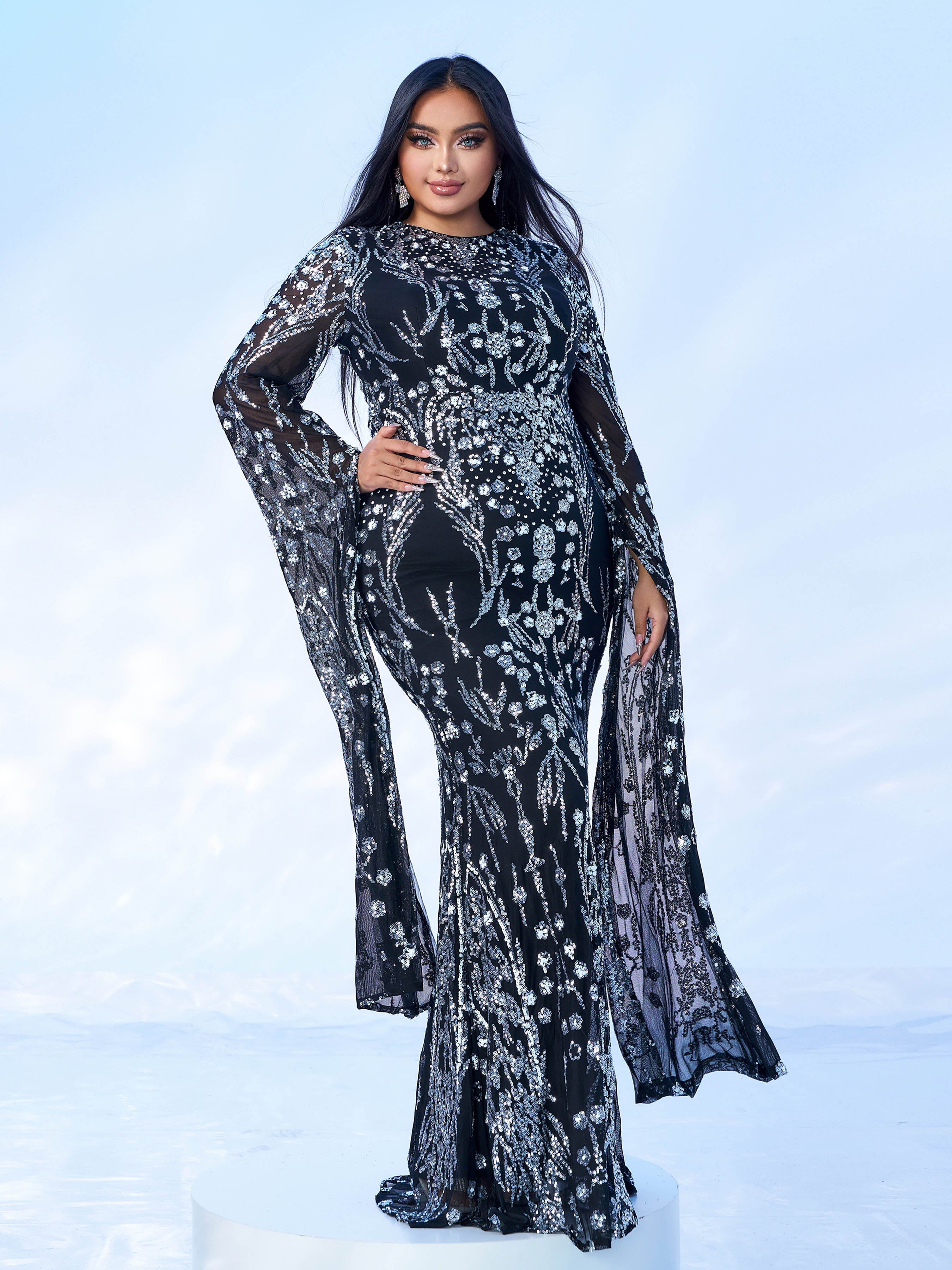 Plus Long Sleeve Mermaid Sequin Maxi Dress
