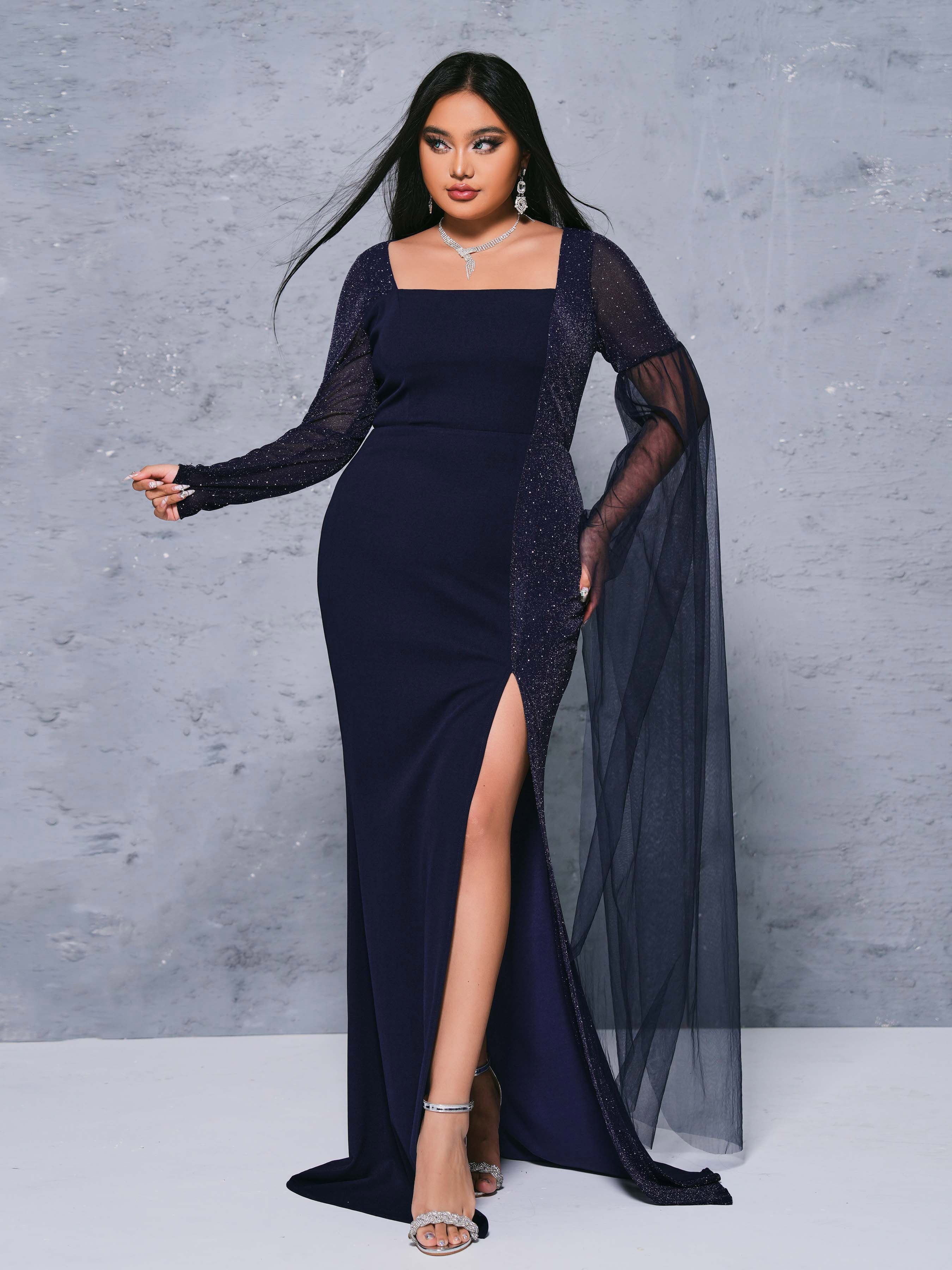 Plus Square Neck Panel High Split Dress