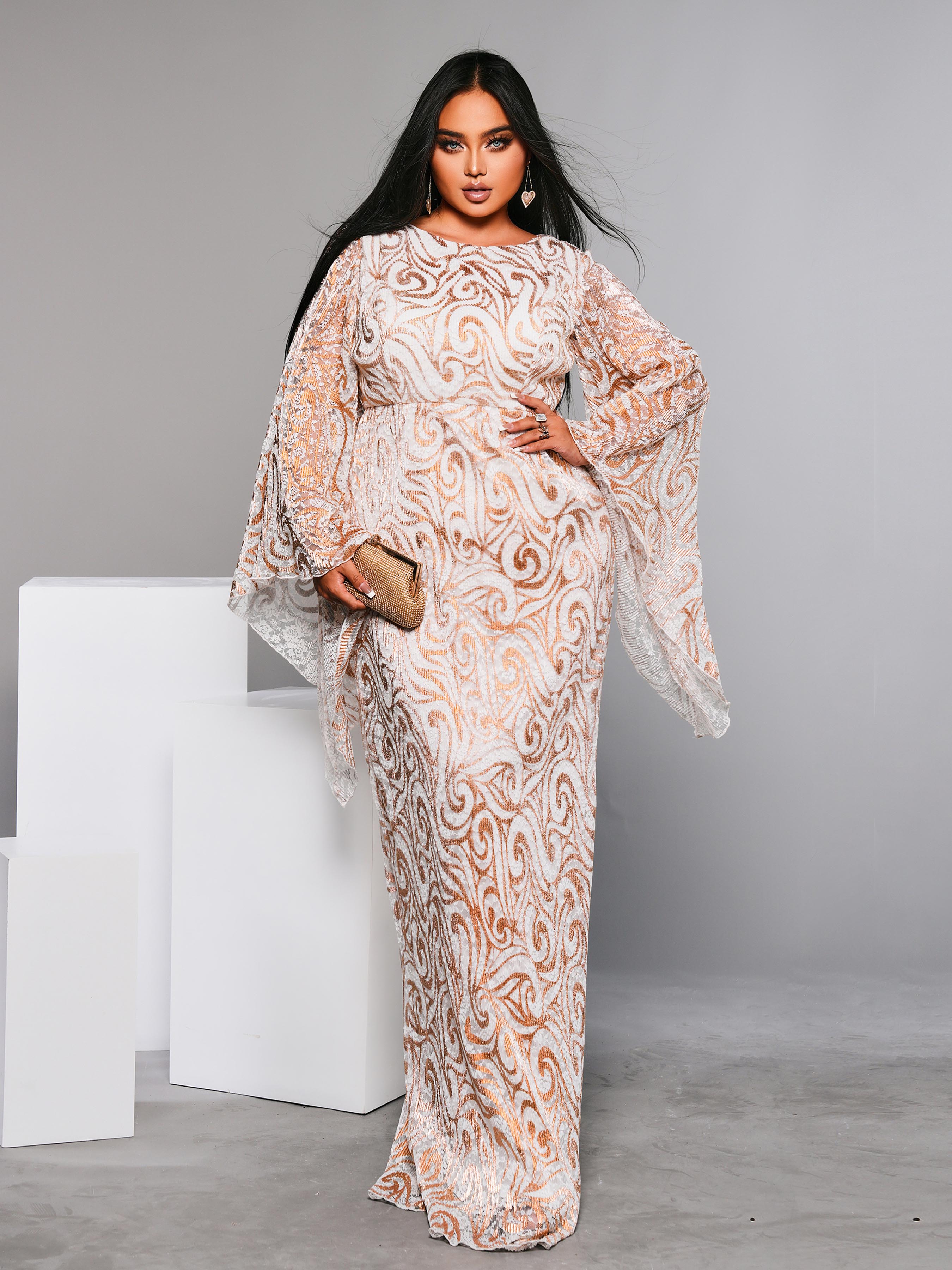 Plus Crew Neck Bell Sleeve Gold Dress