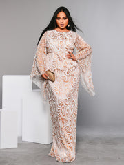 Plus Crew Neck Bell Sleeve Gold Dress