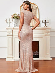 V Neck Cap Sleeve Sequin Floor Length Gold Evening Dress