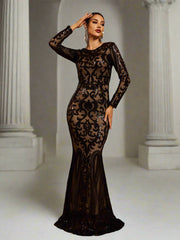 Long Sleeve Sequin Apricot Formal Dress