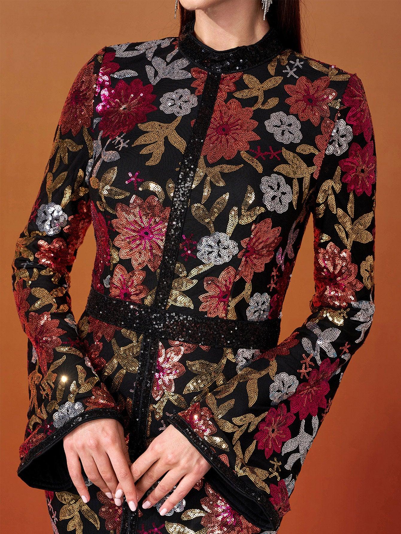 Vintage Floral Sequin Split Formal Dress