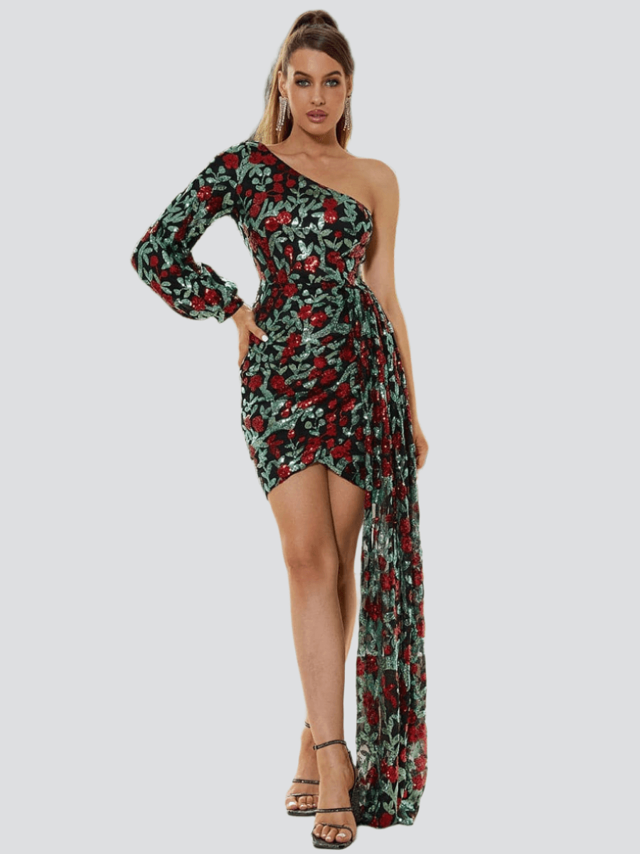 Floral One Shoulder Draped Mini Dress