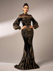 Luxe Embroidered Ballon Sleeve Evening Dress